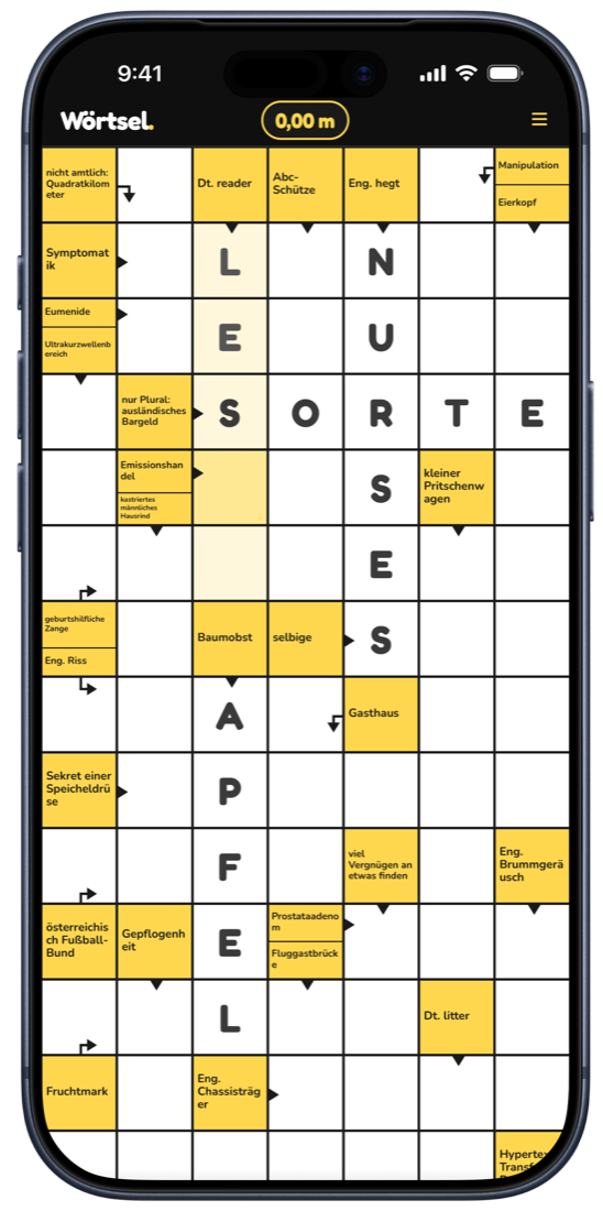 Wörtsel auf dem iPhone: ein zusammenhängendes Kreuzworträtsel-Gitter